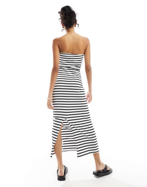 ASOS DESIGN twist bust bodycon bandeau midaxi dress in mono stripe, 3 of 4