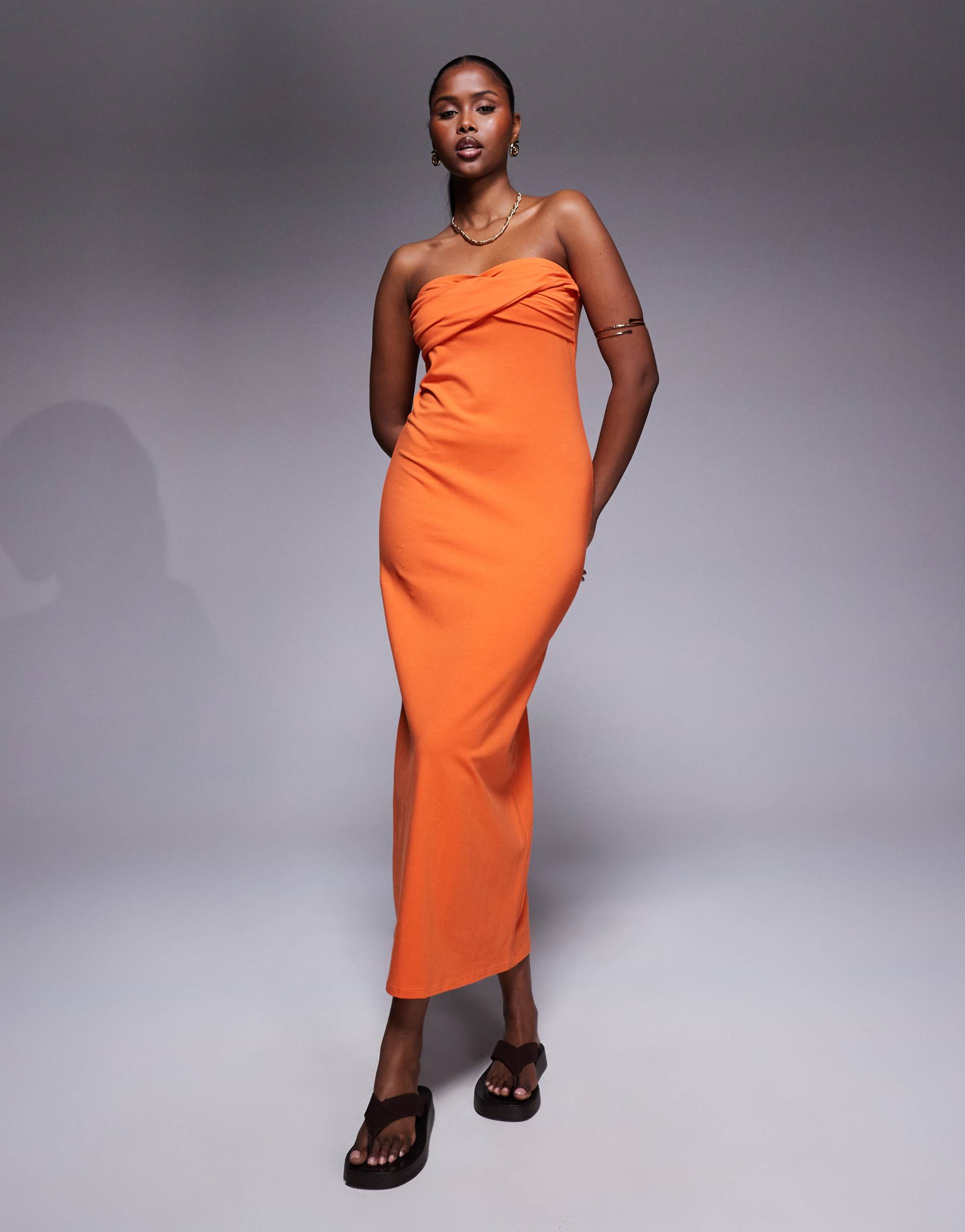 asos design twist bust bodycon bandeau midaxi dress in orange