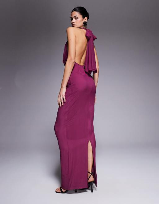 ASOS DESIGN twist bust detail halter mesh maxi dress with tie back neck in plum, 2 of 4