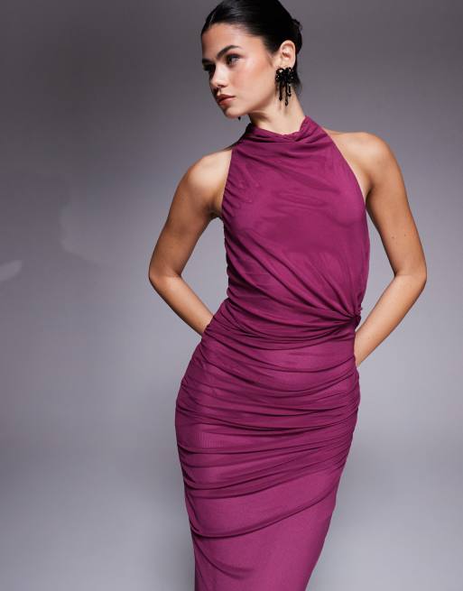 ASOS DESIGN twist bust detail halter mesh maxi dress with tie back neck in plum, 3 of 4
