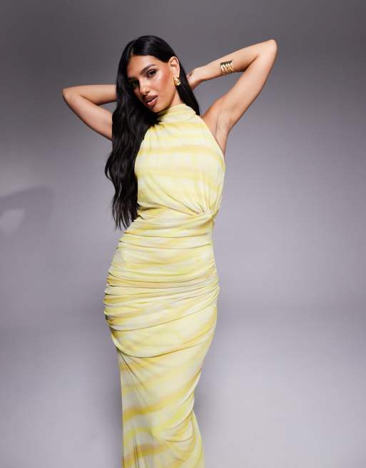 ASOS DESIGN twist bust detail tie back halter neck maxi dress in blurred striped print