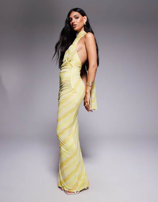 ASOS DESIGN twist bust detail tie back halter neck maxi dress in blurred striped print