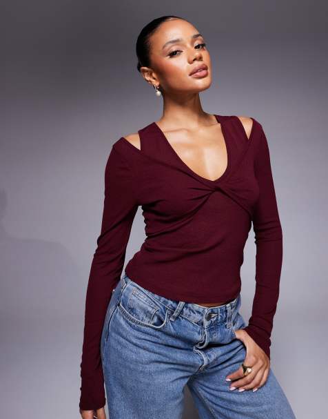 ASOS DESIGN twist bust double layer long sleeve top in dark berry