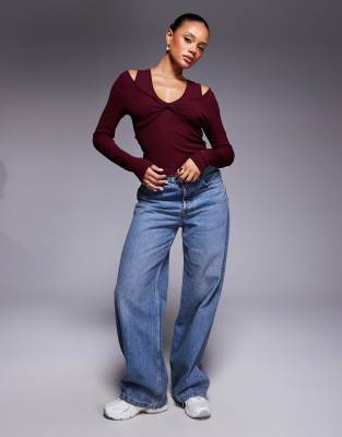 Asos Design Twist Bust Double Layer Long Sleeve Top In Brown