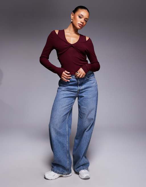 ASOS DESIGN twist bust double layer long sleeve top in dark berry, 2 of 4