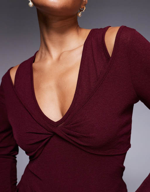 ASOS DESIGN twist bust double layer long sleeve top in dark berry, 3 of 4