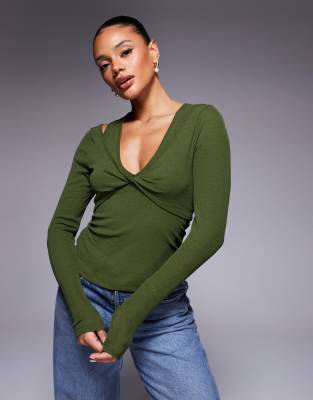 Asos Design Twist Bust Double Layer Long Sleeve Top In Green