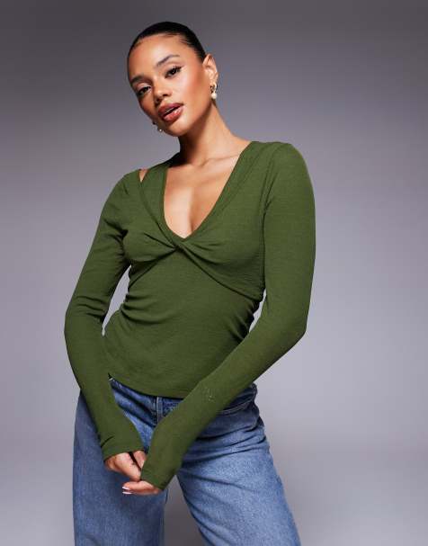 ASOS DESIGN twist bust double layer long sleeve top in dark olive