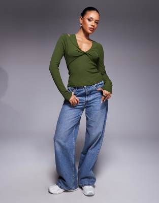 Asos Design Twist Bust Double Layer Long Sleeve Top In Green