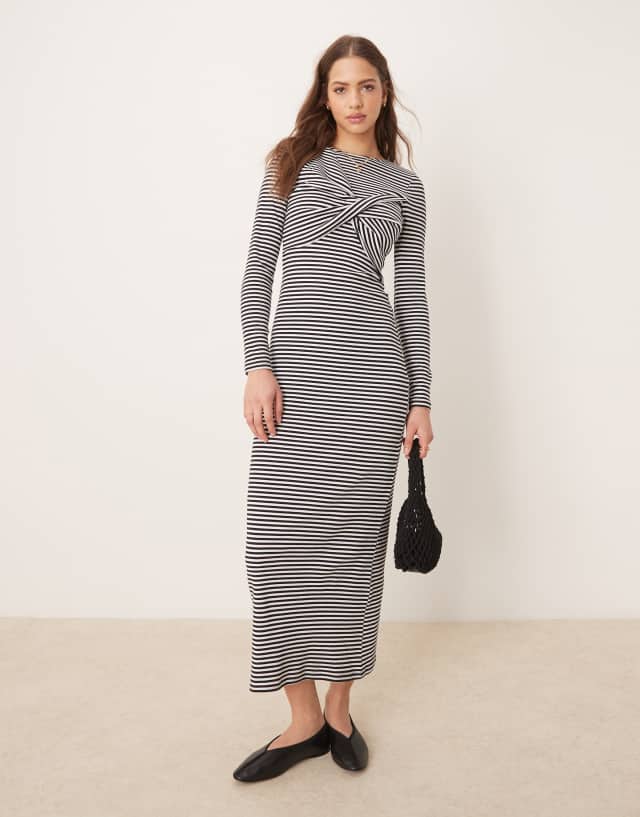 ASOS DESIGN twist bust long sleeve midi dress in blue stripe