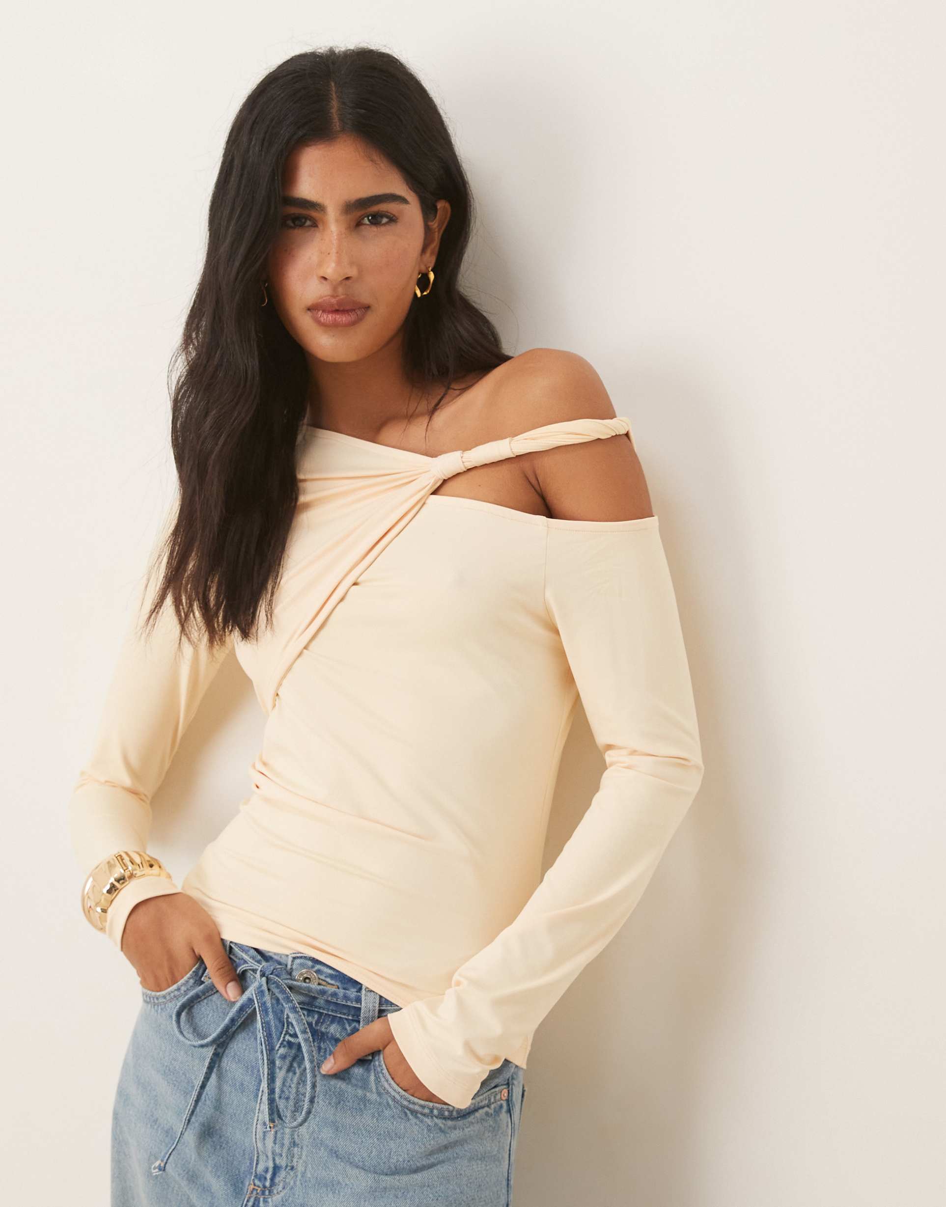 asos design twist cut out detail long sleeve top in buttermilk