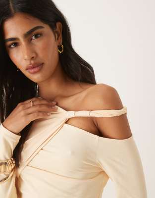 Asos Design Twist Cut Out Detail Long Sleeve Top In Neutral