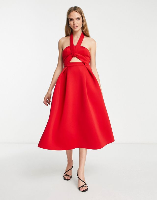 ASOS DESIGN twist cut out halter midi prom dress in red