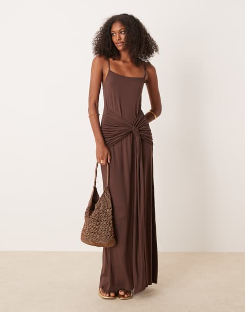 ASOS DESIGN twist detail cami midi dress in chocolate - view 1