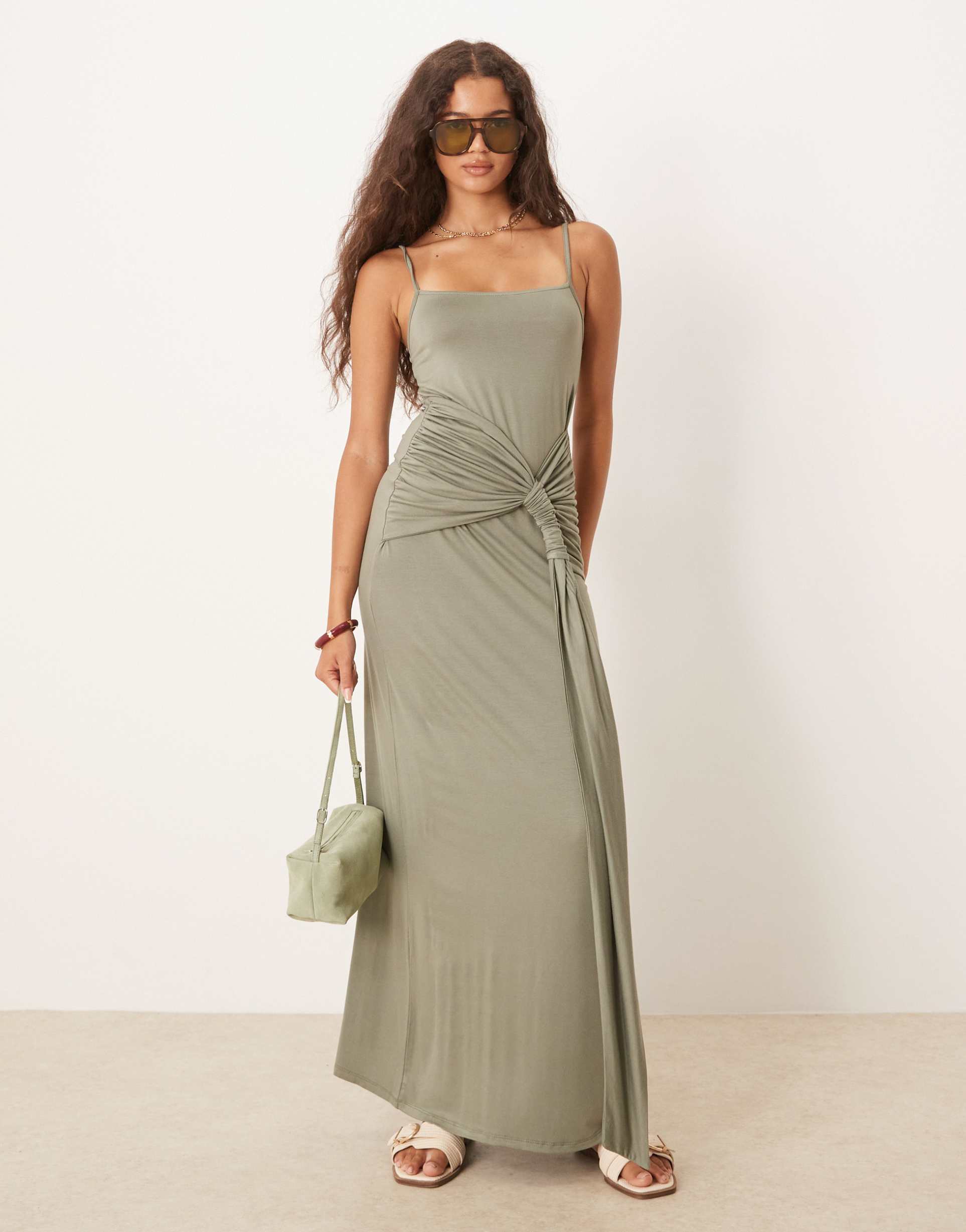 asos design twist detail cami midi dress in khaki green