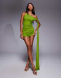 [ASOS DESIGN] ASOS DESIGN twist detail draped mini dress in olive-Green 14 Olive