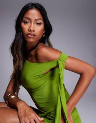 Asos Design Twist Detail Draped Mini Dress In Green