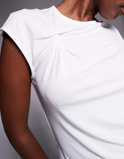 ASOS DESIGN twist detail grown on sleeve t-shirt with ruched side in ivory, 4 of 4