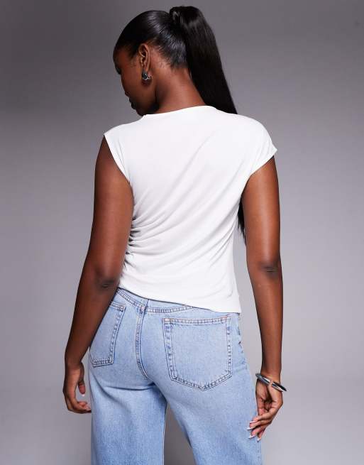ASOS DESIGN twist detail grown on sleeves t-shirt with ruched side in ivory