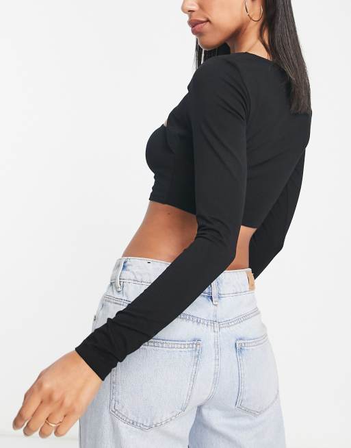 ASOS DESIGN long sleeve top with twist neck detail in ivory