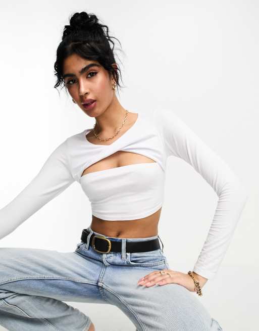 ASOS DESIGN long sleeve fitted crop top with ruched sides in white