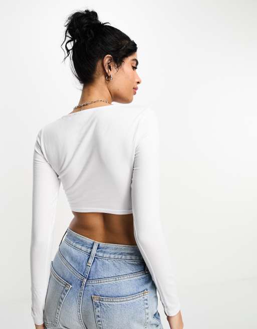 ASOS Crop Top With Long Sleeves And Deep Plunge in White