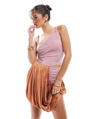 Asos Design Twist Detail Mix Mini Dress With Fold Up Skirt In Pink And Rust