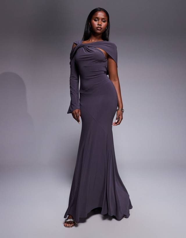 ASOS DESIGN twist detail one sleeve maxi dress in slate gray