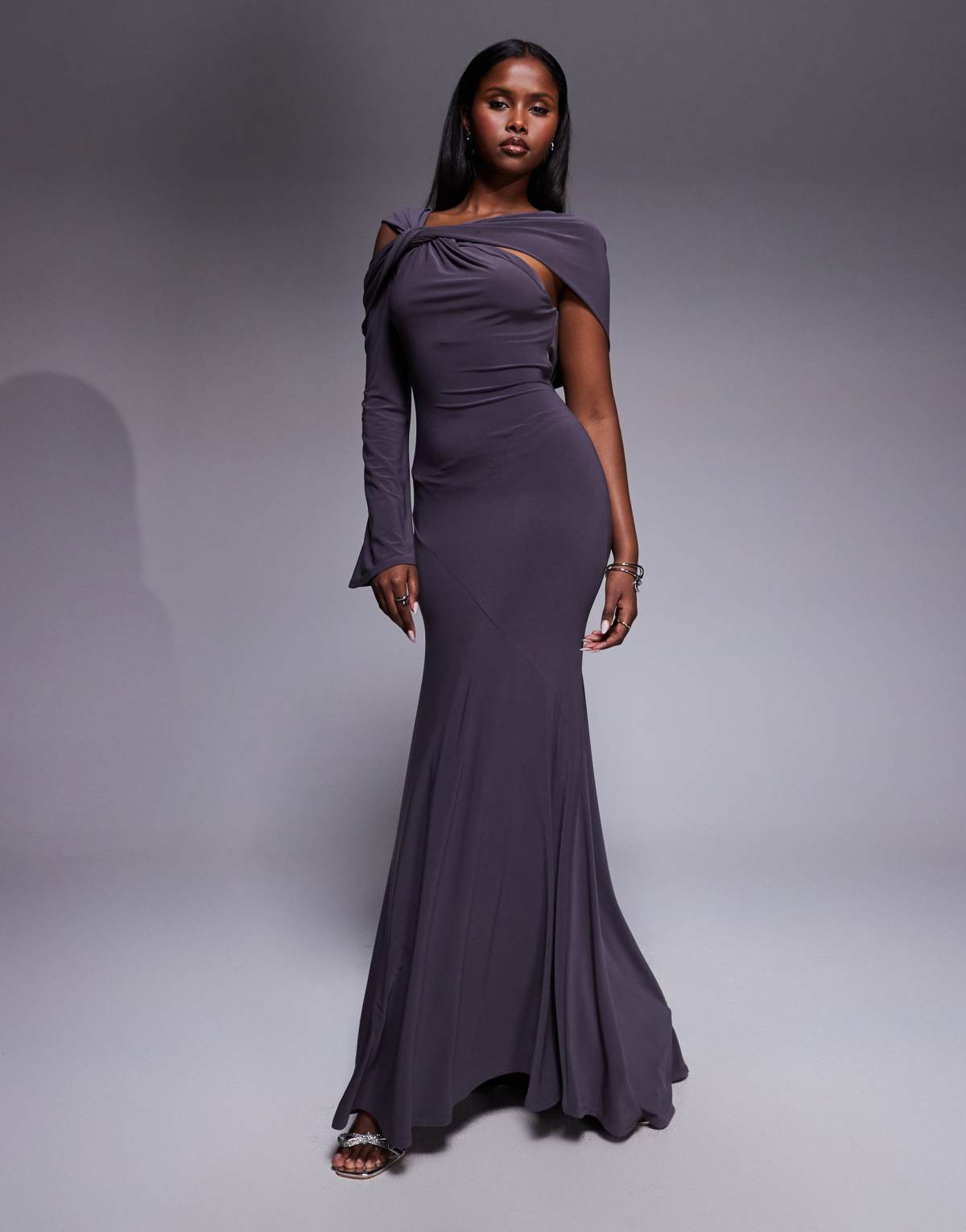 ASOS DESIGN twist detail one sleeve maxi dress in slate grey
