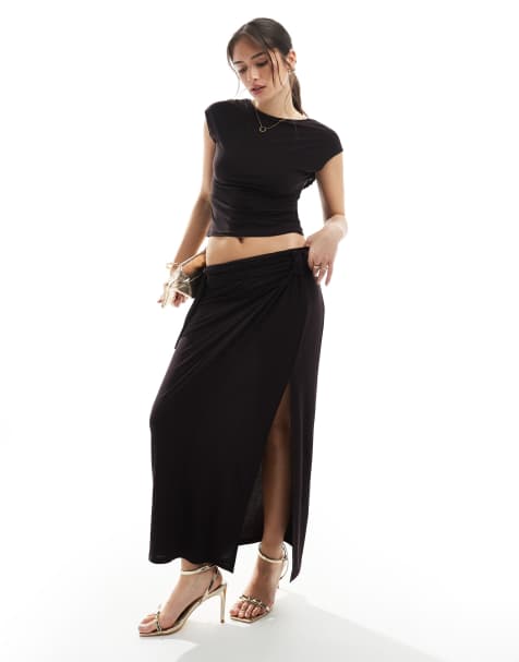 ASOS DESIGN twist detail split drape maxi skirt in chocolate - part of a set - view 1