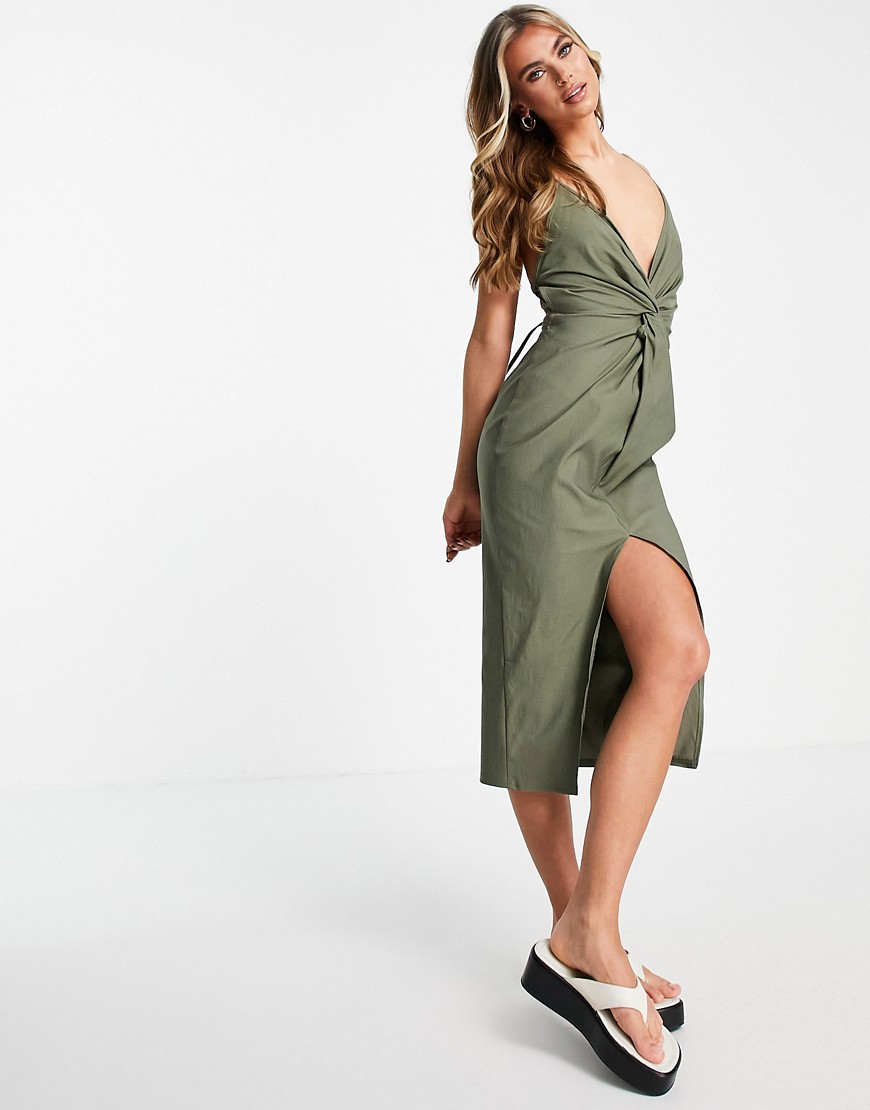 ASOS DESIGN twist detail strappy linen midi dress in khaki-Green