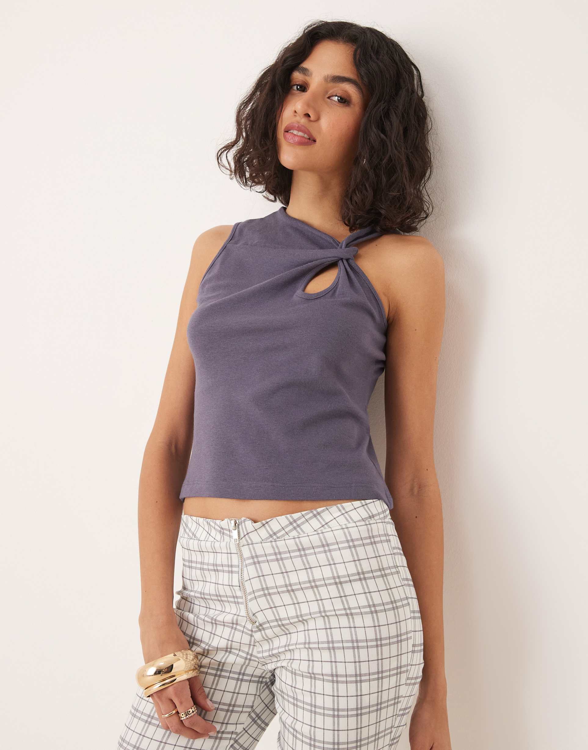 asos design twist detail tank top in slate gray