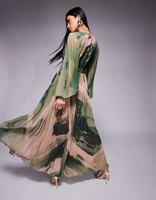 ASOS DESIGN twist detail wrap front pleated maxi dress in green watercolor print