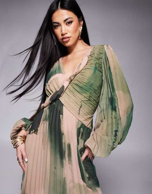 ASOS DESIGN twist detail wrap front pleated maxi dress in green watercolor print
