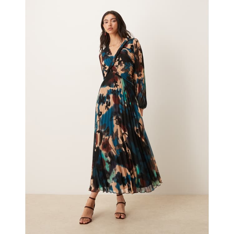 ASOS Design twist detail wrap front pleated midi dress in blue abstract print-Multi