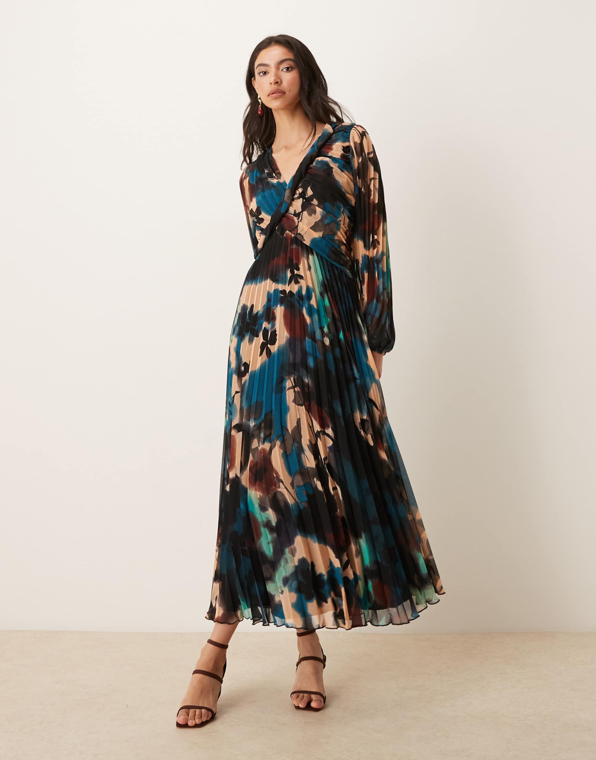asos design twist detail wrap front pleated midi dress in blue abstract print