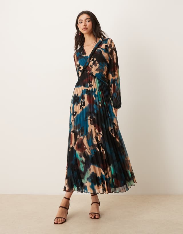 ASOS Design twist detail wrap front pleated midi dress in blue abstract print-Multi