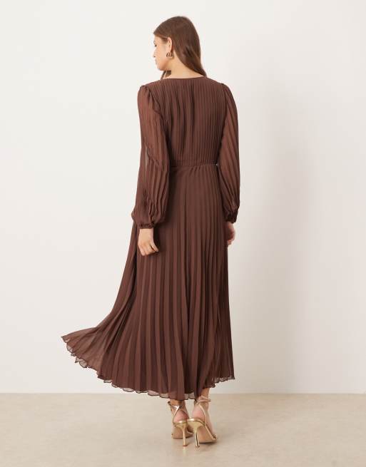 ASOS DESIGN twist detail wrap front pleated midi dress in chocolate, 3 of 4