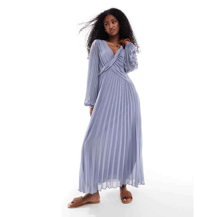 ASOS DESIGN twist detail wrap front pleated midi dress in dusky blue | ASOS