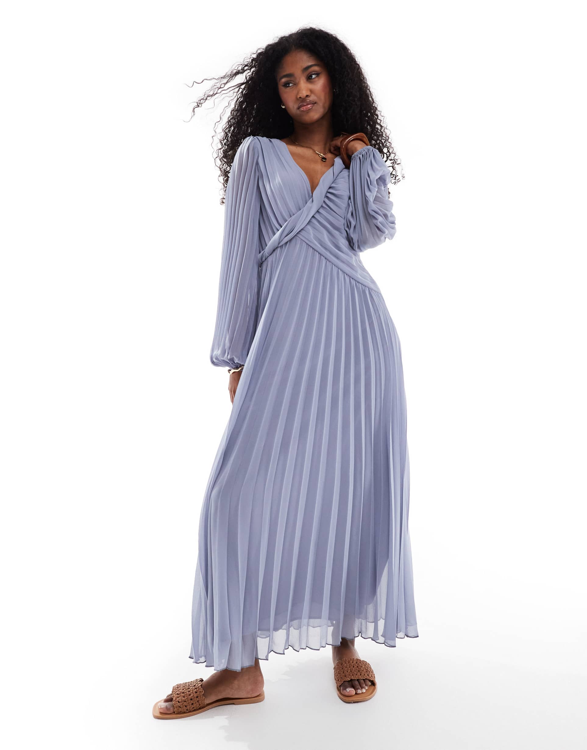 asos design twist detail wrap front pleated midi dress in dusky blue