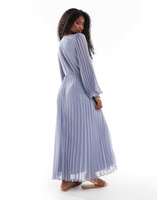 ASOS Design Twist Detail Wrap Front Pleated Midi Dress in Dusky BLUE-MULTI