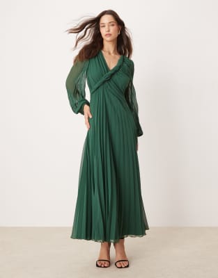 twist detail wrap front pleated midi dress in forest green-Multi