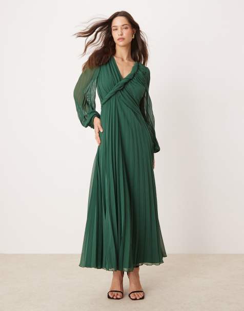 ASOS DESIGN twist detail wrap front pleated midi dress in forest green - view 1