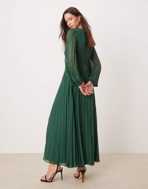 ASOS DESIGN twist detail wrap front pleated midi dress in forest green