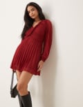 [ASOS DESIGN] ASOS DESIGN twist detail wrap front pleated mini dress in burgundy-Multi 6 BURGUNDY