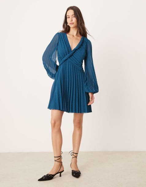 ASOS DESIGN twist detail wrap front pleated mini dress in petrol blue - view 1