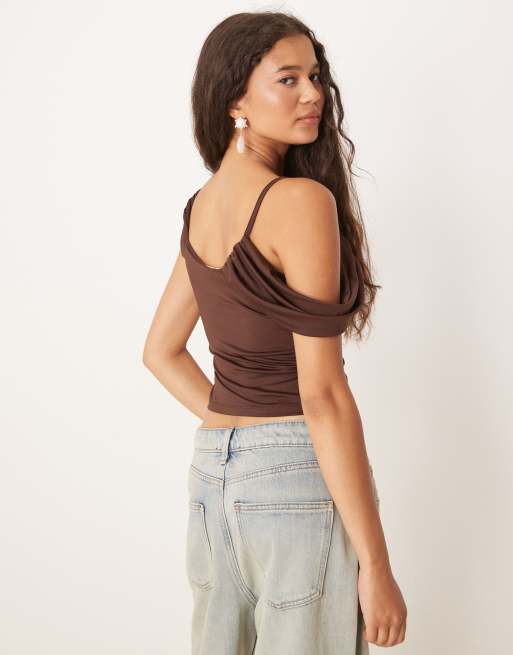 ASOS DESIGN twist drape one shoulder top in brown, 4 of 4