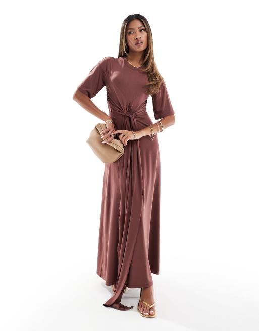 ASOS DESIGN twist drape t shirt tie front maxi dress in chocolate ASOS