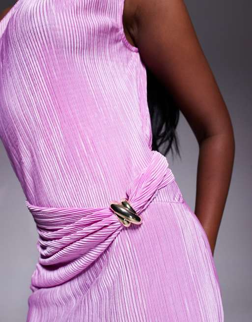 ASOS DESIGN twist fallen shoulder plisse maxi dress with ruching and drape detail in lilac