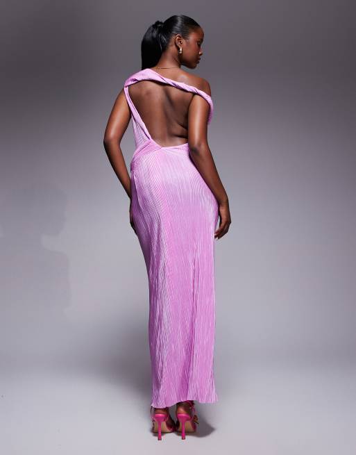 ASOS DESIGN twist fallen shoulder plisse maxi dress with ruching and drape detail in lilac